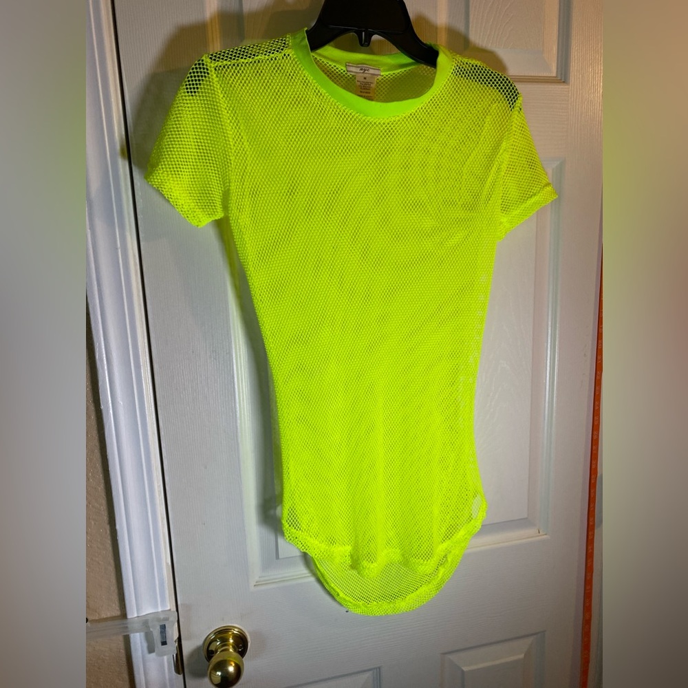 NYC Women M Sheer Mesh Shirt Dress Sexy Clubwear See Through Top Adult Yellow